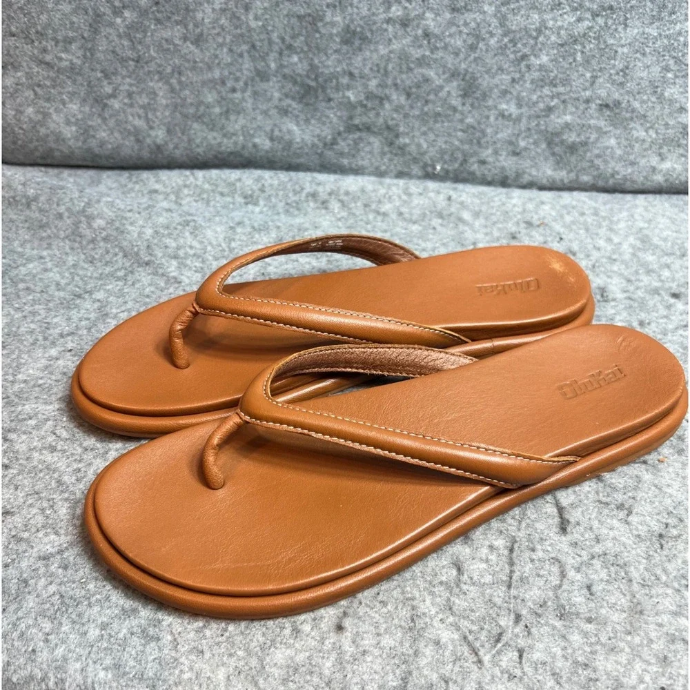 OluKai Honu Tan Brown Leather Flip Flop Thong Sandals Womens Size 10